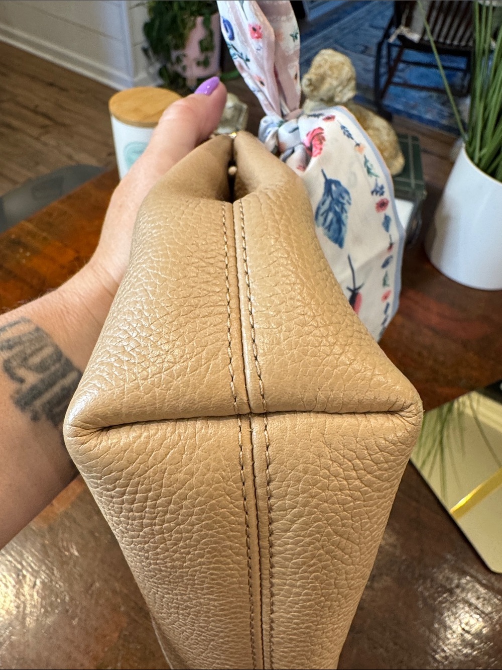 Coach Pebble Leather Shoulder Bag in Light Tan with Floral Scarf - Picture 5 of 15